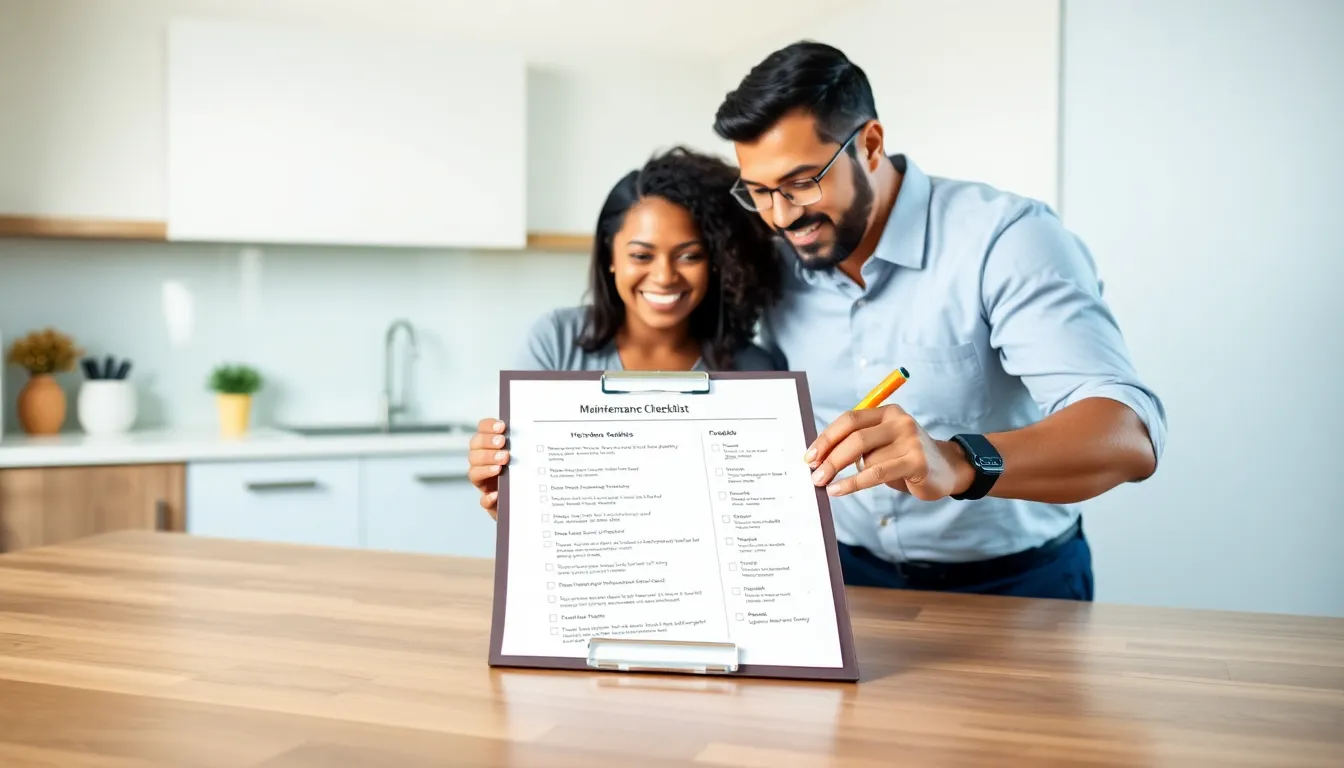 diverse professionals reviewing a home maintenance checklist in a bright kitchen.