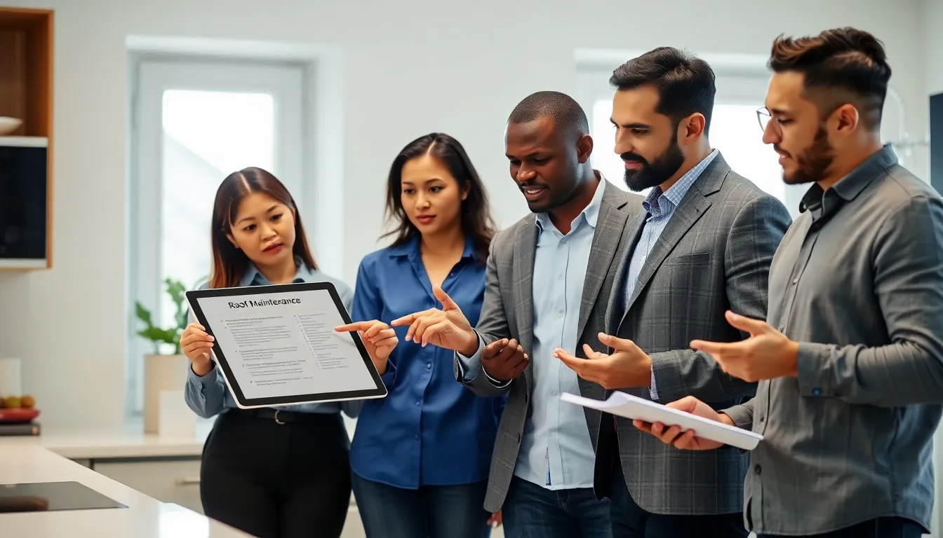 diverse team discussing roof maintenance in a modern kitchen.