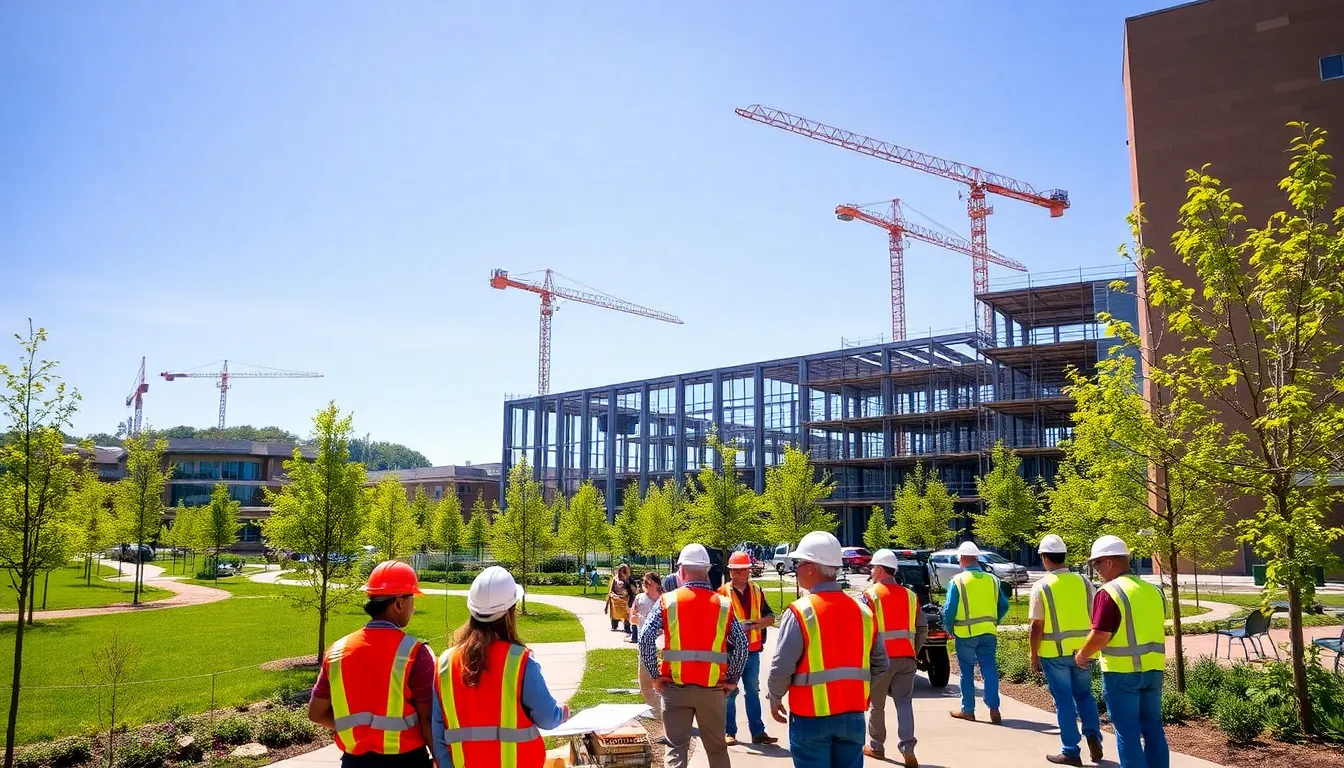 construction site at Virginia Tech with diverse professionals and modern building.