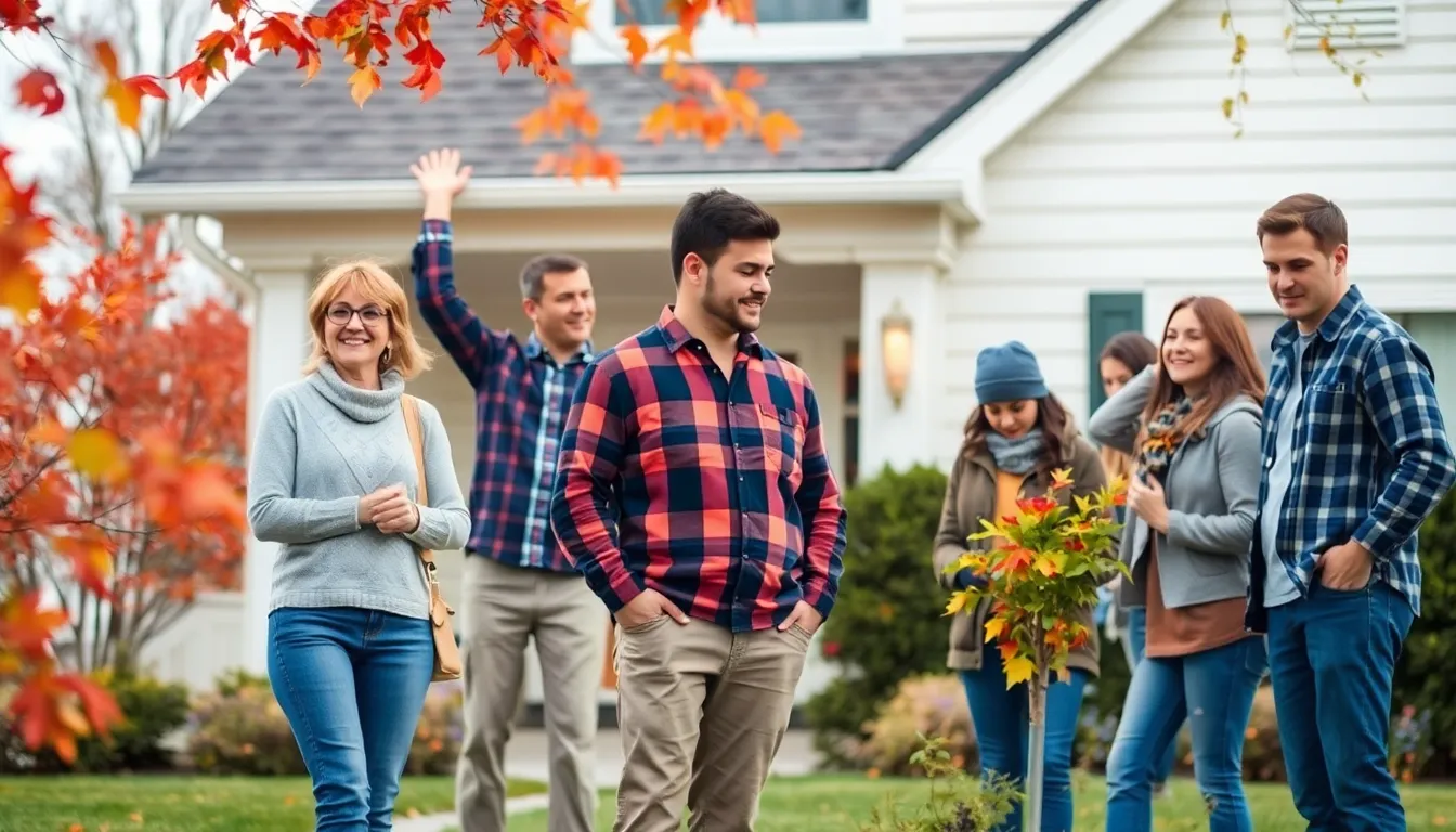 homeowners engaged in fall maintenance tasks outside a suburban house.