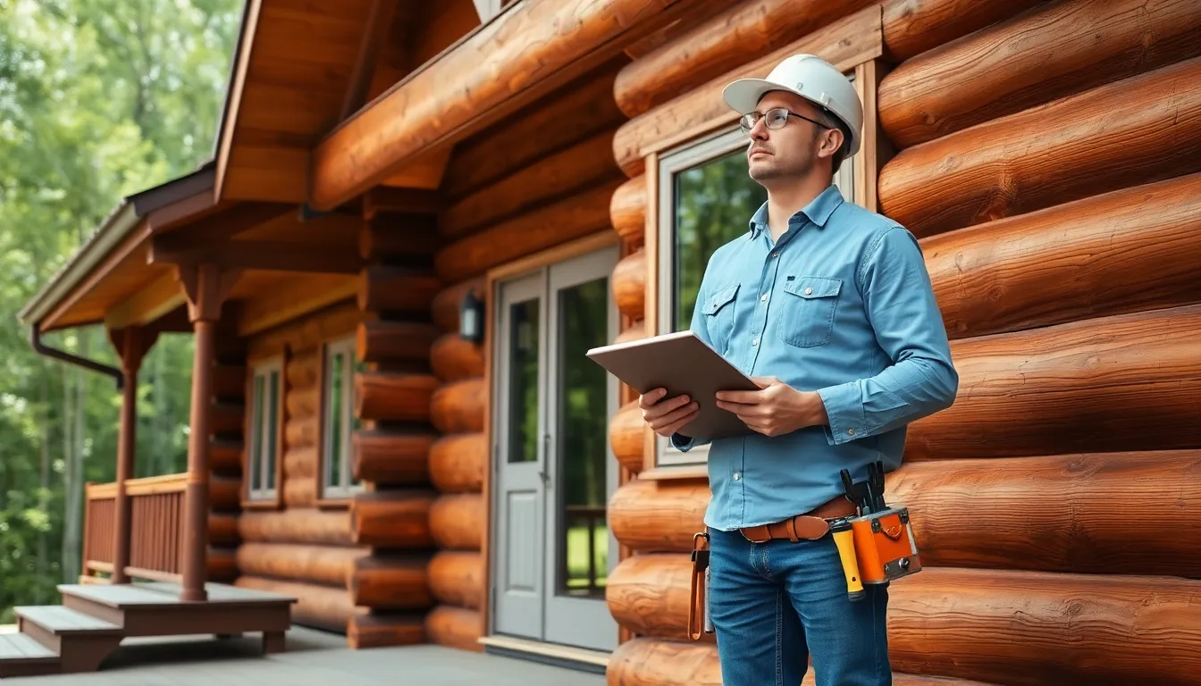 contractor inspecting a log home for maintenance assessment.