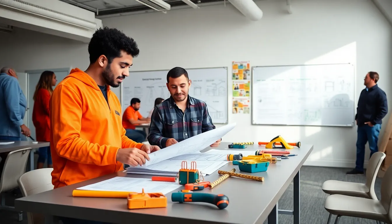 students in a construction classroom engaging in hands-on training.