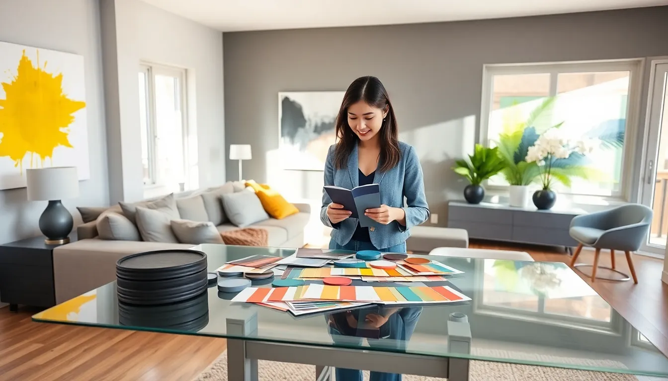 interior designer selecting paint colors in a modern living room.